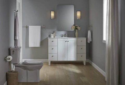 Modern bathroom with Grand Towel Ring In Vibrant Brushed Nickel, showing transitional style and cohesive design with faucets.