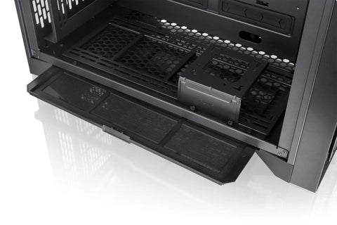 Close-up of the bottom interior of CTE C700 Air Mid Tower Case With Centralized Thermal Efficiency Design showing dust filter