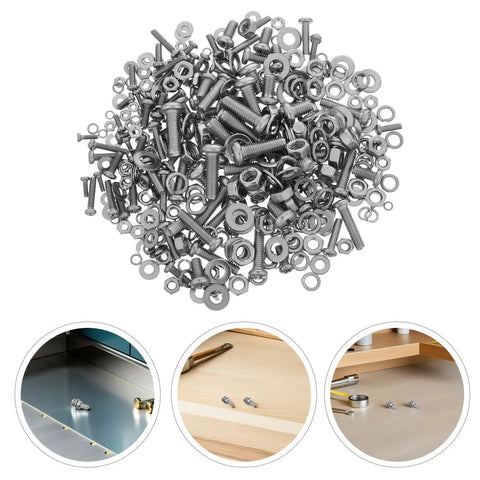 Solid 108 Piece Stainless Steel Screw Kit With Matching Nuts And Washers, assorted fasteners for industrial assembly and electronics.