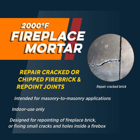 Info graphic showing Fireplace Mortar Cartridge For Firebrick Repair, application tips with cracked brick example, 2000°F rated