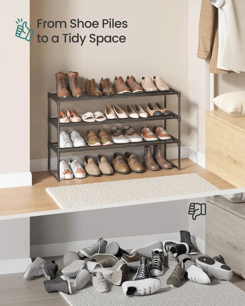 Solid As A Rock Heavy Duty Stackable Metal Shoe Rack Hosting Roomy Three Tier Layout For Messy Entryways Or Busy Mudrooms Flip It Upside Down For Sneaker Friendly Under Storage Total Organization Hack with organized shoes displayed.