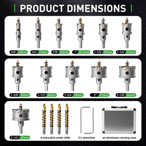 18 Pc Metal Hole Saw Kit with TCT Carbide Teeth, 5/8 to 2-1/8 Inch Cutter Set for Stainless Steel, Iron, Aluminum, Brass dimensions