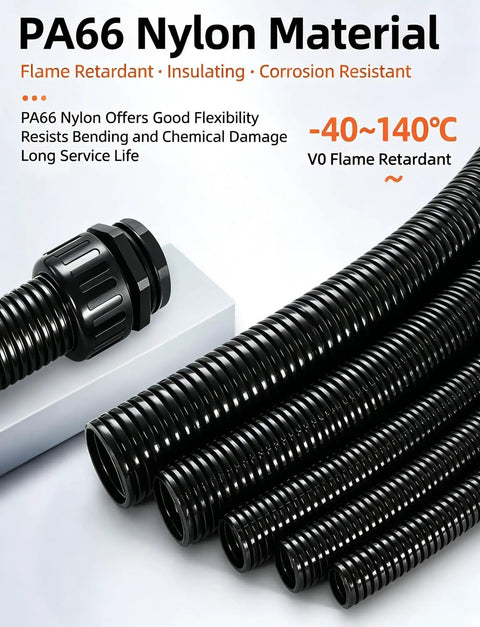 Premium Grade Built Tough Flexible Corrugated Conduit in varying sizes made of PA66 Nylon for cable protection.