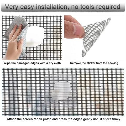 Self Adhesive Window Screen Patch Kit being applied to repair tears in mesh screen, demonstrating easy installation and adhesion.
