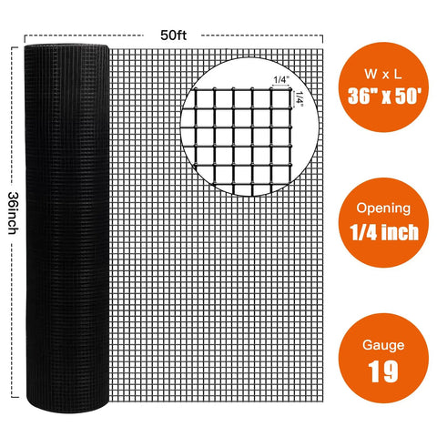 Vinyl Coated Welded Mesh Chicken Wire Fence Roll With 1 Quarter Inch Mesh, 36 Inch By 50 Foot, Galvanized Core For Rustproof Outdoor Use, Built Tough Garden Fence For Home Rabbits And Pets, Black Finish