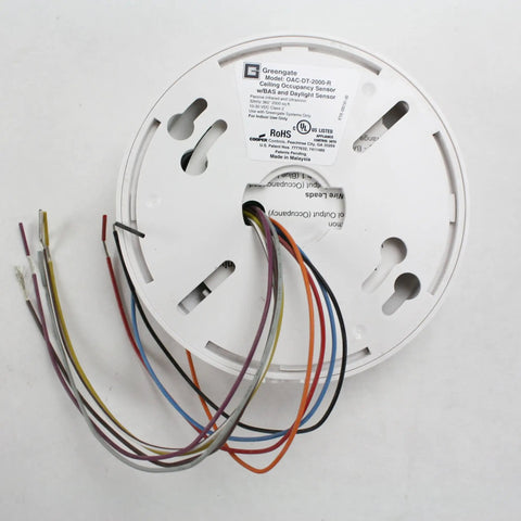 Back view of OAC-DT-2000-R MicroSet Ceiling Sensor With Daylight Sensor showing wiring and sensor base plate.