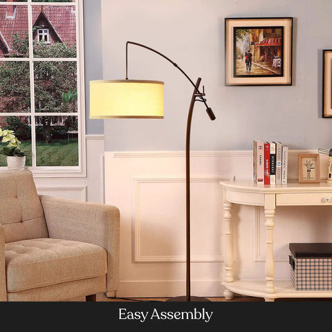 Arc Floor Lamp With Linen Shade Sleek Bronze Finish Adjustable Arm For Living Room Office Reading Over Sofa Industrial Style Lighting For Cozy Corners And Nooks next to sofa and table