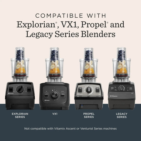Personal Cup Adapter Kit For Full Size Blenders, BPA Free And Dishwasher Safe, shown with Explorian, VX1, Propel, and Legacy blenders.