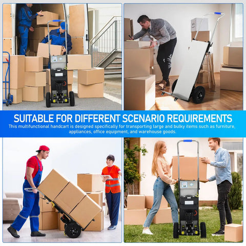 Heavy Duty 1200W Electric Stair Climber Trolley That Hauls Massive Loads Up Steps Like A Boss With Rust Resistant Stainless Steel Deck For Tough Job Sites used by movers in various settings.