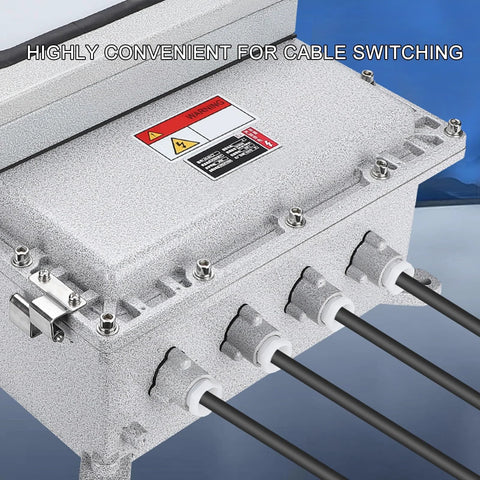 Explosion-proof, weatherproof aluminum junction box with mounting plate, lock, and four cable glands.
