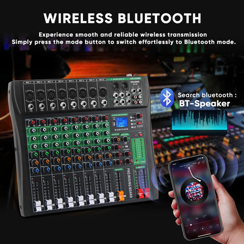 8 Channel DJ Audio Mixer With Reverb And Bluetooth Pro Grade Studio Quality Sound Console With USB Recording in use with smartphone
