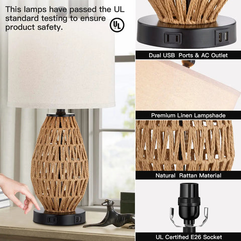 Rattan Table Lamp With Touch Control 3 Way Dimmable Bedside Light For Bedroom And Living Room Cozy Wicker Nightstand Lamp With USB Ports And AC Outlet LED Bulb Included Easy Tap To Dim showcasing rattan design, USB ports, and UL certification.