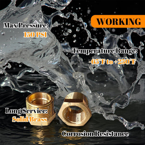 2-pc brass hex reducer adapters, 3/4 inch male to 1/2 inch female NPT, solid brass pipe fittings