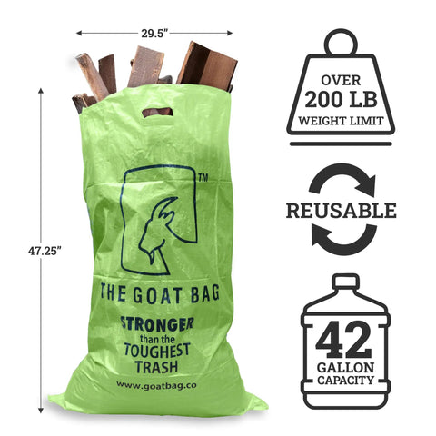 Ultimate Heavy Hitter Contractor Bags Built Like A Tank For Renovation Debris And Yard Waste 42 Gallon Tear Resistant Polypropylene Reusable Jobsite Trash Bags 10 Pack filled with wood scraps.