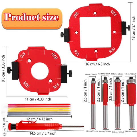 9 Piece Router Corner Radius Template Set Pro Grade For Woodworking With R10 To R50 Aluminum Corner Jig Templates size guide