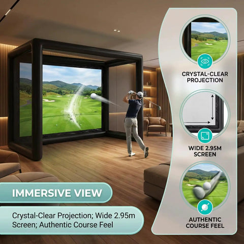 Portable Indoor Golf Practice Enclosure With Airtight PVC Screen Cage For Garage Or Backyard in living room setup