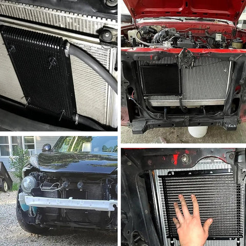 Close-up and installed view of Premium Transmission Cooler Kit for Subcompact to Compact Cars, durable aluminum, space-saving design.
