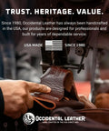 Artisan crafting leather, emphasizing USA-made quality from Occidental Leather, symbolizing trust, heritage, and value.