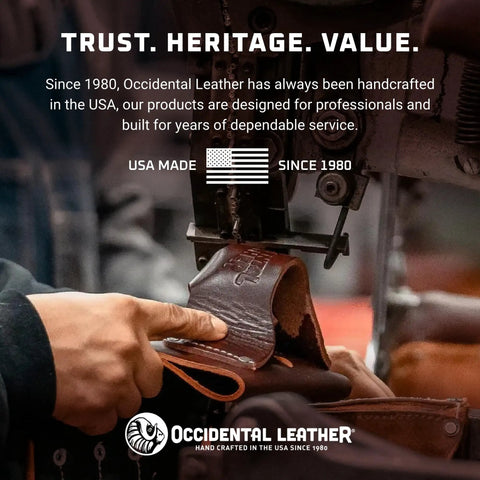 Artisan crafting leather, emphasizing USA-made quality from Occidental Leather, symbolizing trust, heritage, and value.