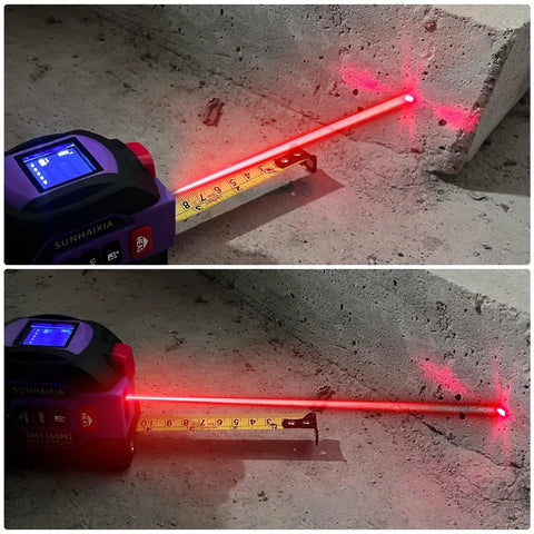 3 In 1 Laser Tape Measure With 197ft Long Range Laser, 16ft Manual Tape, AutoLock, Cross Line Laser Guidance, Unit Switch Ft In M, Measures Area Volume And Pythagorean Purple Finish, measuring concrete corner