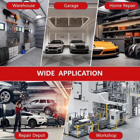 Collage showing warehouse, garage, home repair, repair depot, and workshop environments for heavy-duty equipment use.