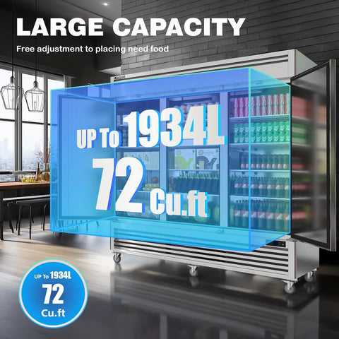 Heavy Duty Three Door Commercial Refrigerator Offering Seventy Two Cubic Feet Of Roomy Storage And Zero Fuss Stainless Steel Build For Restaurants Bars Or Garages in a modern kitchen setting.
