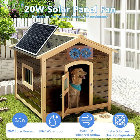 Solar Powered Dual Fan Kit For Chicken Coops, Greenhouses And Sheds, 20W Panel, 3500 RPM Fans, IP67 Waterproof, 360 Degree Adjustable Mount, 8.8Ft Cable, Intake And Exhaust Ventilation