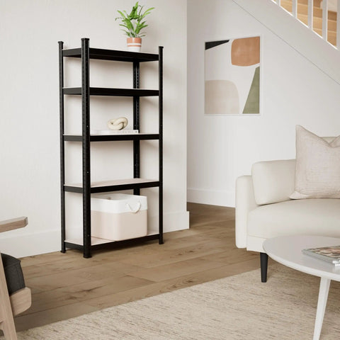 Hella Durable Wide Width 5 Tier Metal Shelving Rack With Quick Adjust Levels And Split Setup For Garage Pantry Or Basement Storage 1900 Lb Capacity Built Tough Black Utility Rack in living room with decor.