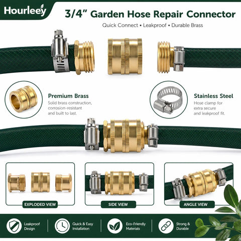 Heavy Duty 3/4 Inch Solid Brass Garden Hose Connector Set With Double Female Ends And Spare Washers For No Hassle Outdoor Irrigation and Serious Yard Work Upgrades, showcasing connectors and hoses in various views.