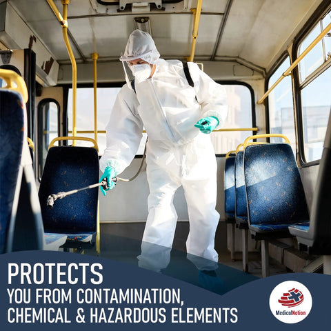 Person wearing Disposable Hazmat Suit 10 Pack With Hood Heavy Duty Breathable Coverall Painter Suit Medium Size cleaning bus aisle