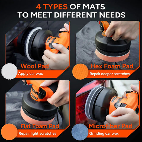 Cordless Car Polisher Kit With 12V 2000mAh Battery Dual Handle Buffer showing four polishing pads for detailing