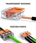 Top Shelf Hella Dependable 3 Conductor Wire Connectors For Solid Stranded Flexible Copper Cables with transparent housing and testing ports.