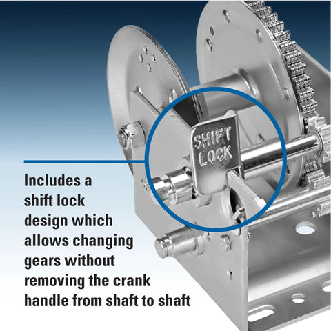 Close-up of Two Speed Trailer Winch With 2,600 Lb Capacity, shift lock mechanism, and silver finish.