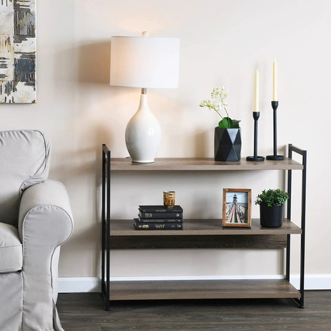 Straight Up Quality 3 Shelf Open Storage Bookshelf With Oak Rustic Wood Grain Laminate Shelves And White Steel Frame Heavy Duty Home Organization Game Changer Flex Your Cozy Living Room Setup next to a lamp and decor.
