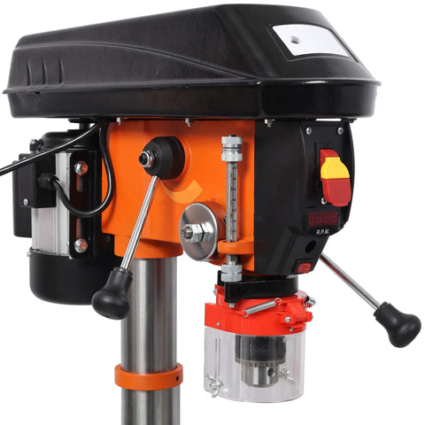 Close-up of the control panel and chuck of 12 Inch Benchtop Drill Press With Laser And Digital Readout Pro Grade Variable Speed.