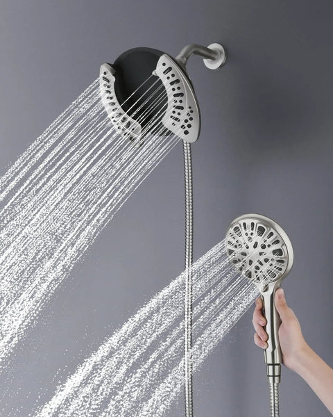 No Fuss Dual Purpose Rainfall Shower Head And Handheld Combo providing hella crisp water flow with dual shower heads and flexible hose.
