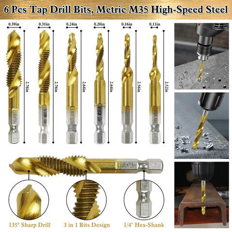 Topshelf 39 Piece Countersink Drill Bit And Wood Plug Cutter Set With Deburring Tool Step Bits And High Speed Steel Hex Shank Multipurpose Drill Kit built tough for every no sweat shop job, featuring 6 metric M35 high-speed steel tap drill bits.
