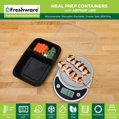 Top Tier Meal Prep Setup, Two Compartment Bento Boxes With Secure Lids, 15 Pack Stackable Food Storage Containers, BPA Free Microwave And Dishwasher Safe, 28 Oz Portions Hit The Spot Daily, featuring black container with vegetables and protein on a scale.