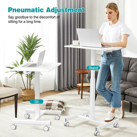 Small Standing Desk On Wheels With Adjustable Height Portable Laptop PC Table For Home Office Sit Stand Workstation 19 Inch Wide Modern White Lockable Mobile Rolling Desk With Pneumatic Height Adjustment For Sit Standing Flex Office Setup Effortless