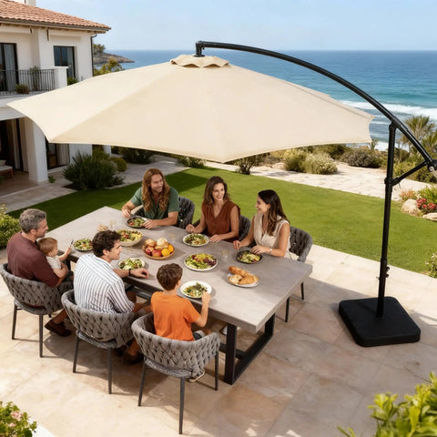 Family dining outdoors under 10 Feet Cantilever Offset Patio Umbrella With Base Included, Yarn Dyed Fabric, 8 Rib Sturdy Frame.
