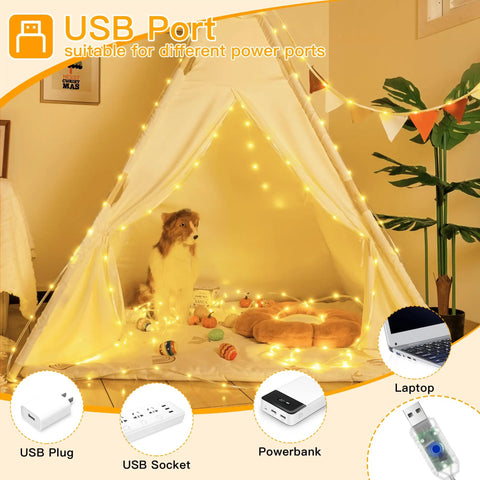 USB Rope Lights Indoor Color Changing 33ft 100 LED String Lights With Remote 18 Color Options illuminating a tent setup