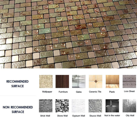 Self Adhesive Aluminum Mosaic Backsplash Tiles Five Sheet Set for Kitchen Walls and More Peel and Stick Silver Stainless Steel Look with Textured Metal Finish Easy DIY Installation Modern Home Decor showing water droplets on surface and recommended surfaces for application.