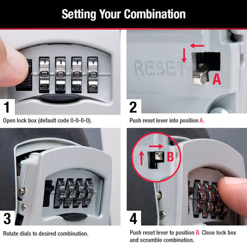 Four Pack Key Lock Box With Code For Realtors And Property Managers Outdoor Key Safe Keeps Five Keys Four Digit Combination Resettable setup steps