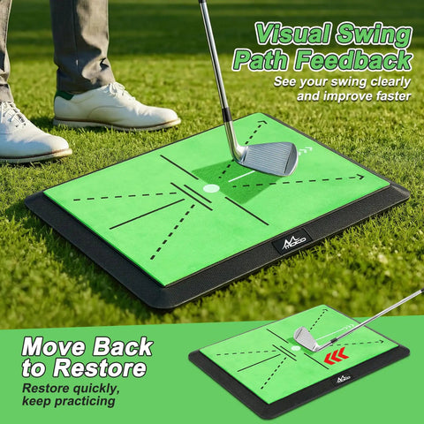 Golfer using Three In One Golf Practice Mat With Swing Path Feedback, Switch Between Fairway, Rough And Putting Pads On A Non Slip Rubber Base.