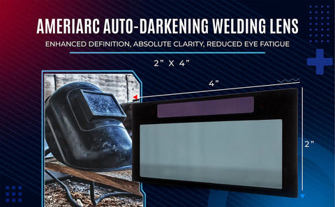 Auto Darkening 2x4 Welding Lens Shade 10 for most helmets, shown with welding hood, durable shield for TIG welding
