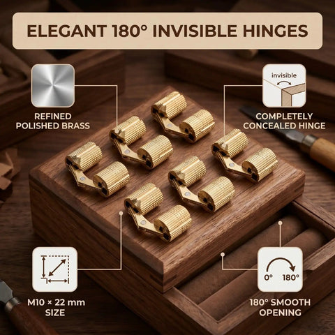 Polished Brass Hidden Cabinet Hinges, 10 Pcs M10x22mm, 180 Degree Opening Concealed Cylindrical Hinges displayed on wood box