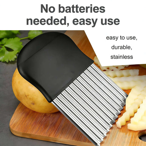 Side view of large French fry slicer with stainless steel crinkle blades and black handle