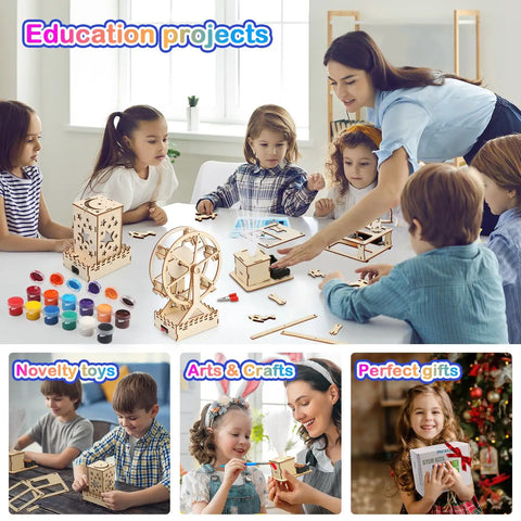 Children building 4 In 1 STEM Kit For Kids Featuring 3D Wooden Puzzles A Mini Ferris Wheel Build A Fiber Optic Lamp And Star Night Light