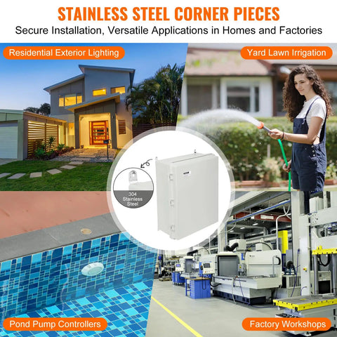 Collage showing Weatherproof Junction Box Made From Heavy Duty ABS With Sturdy Hinged Lid And Stainless Steel Lock, IP67 Rated Outdoor Electrical Box For Tough Weather, Big Interior Space For Wiring Projects And Easy Access in various applications like lighting and irrigation.