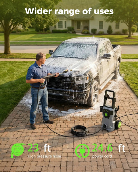 Man using Compact Pressure Washer With Four Quick Connect Nozzles For Cars Fences Patios Decks Boats And Home Use on a truck.